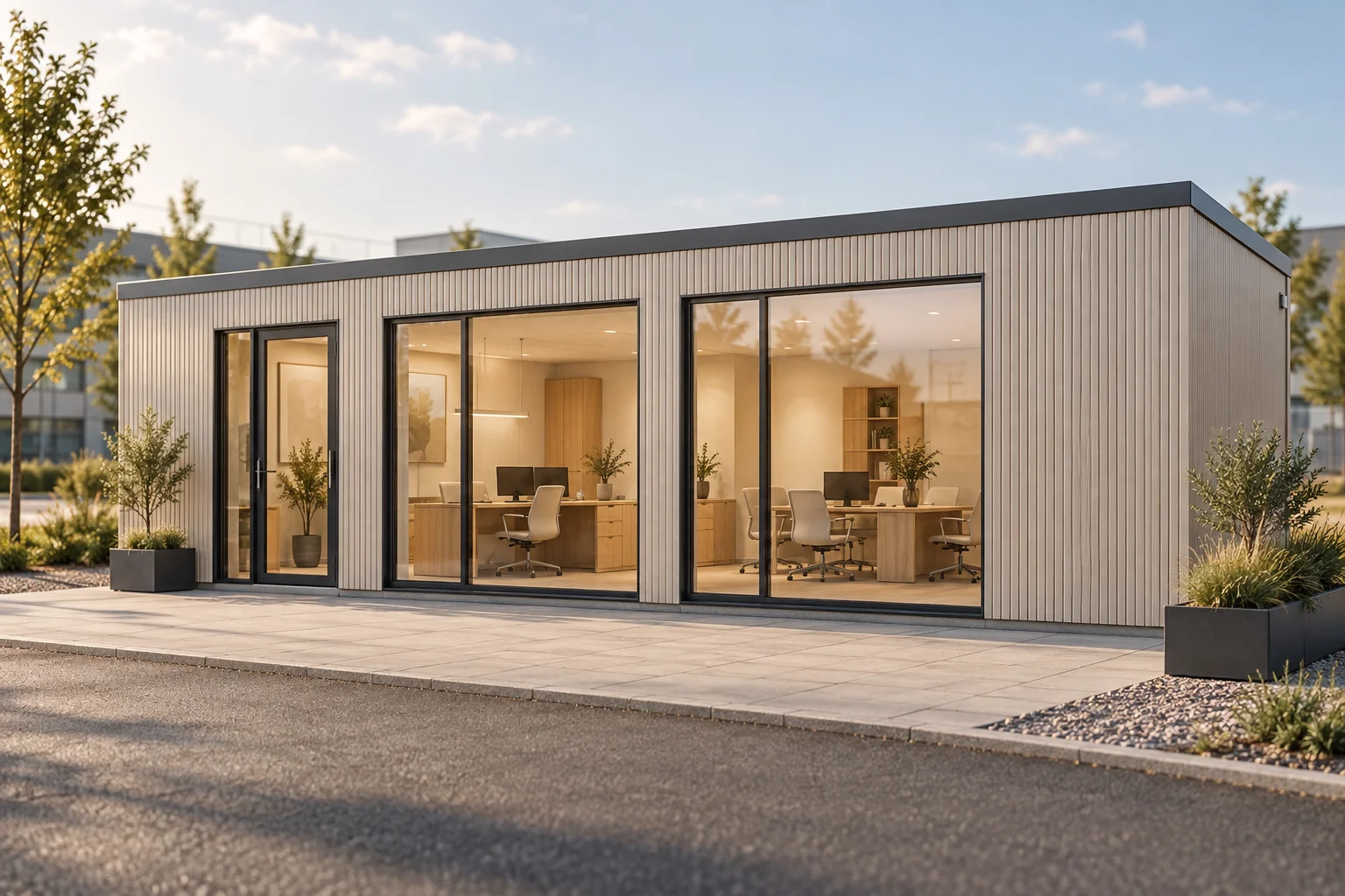 Gestaltungsvorschlag für einen 8 Meter langen Bürocontainer mit großzügigen Fenstern