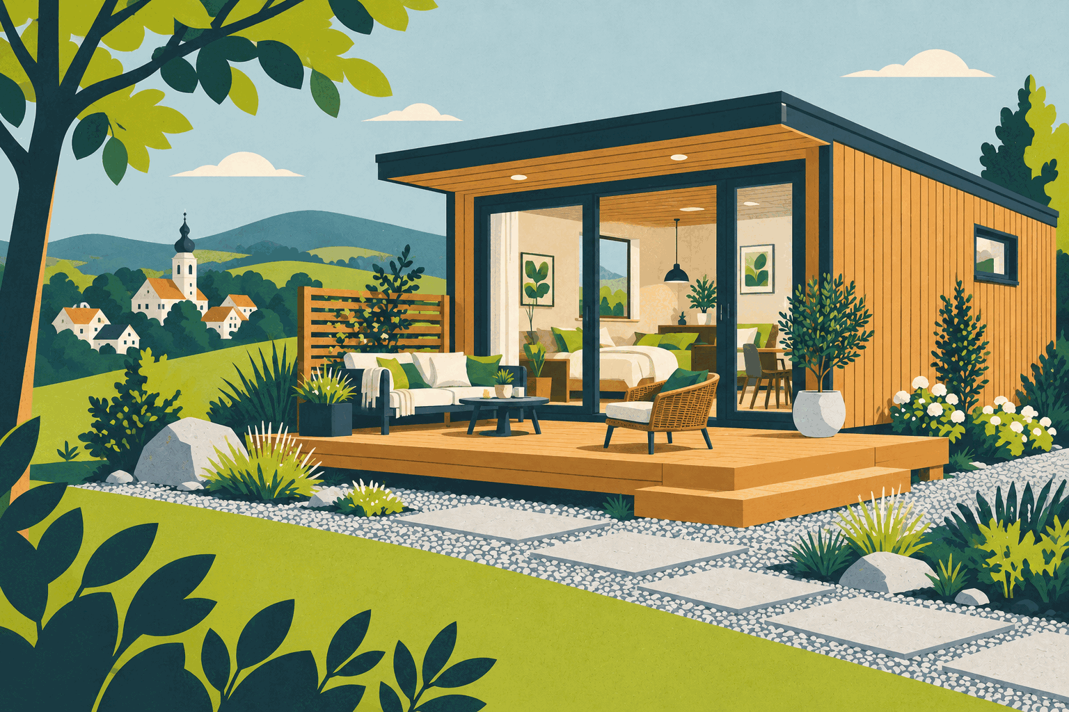 Grafische Darstellung: Tiny House aus Holz mit eigener Terrasse